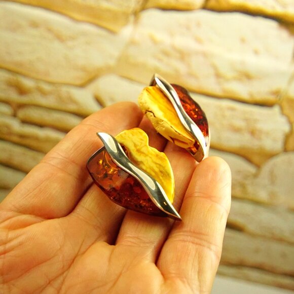 Big Amber & 925 Silver Omega Earrings - Made In Poland Rare Jewelry Her Gift - Picture 4 of 16
